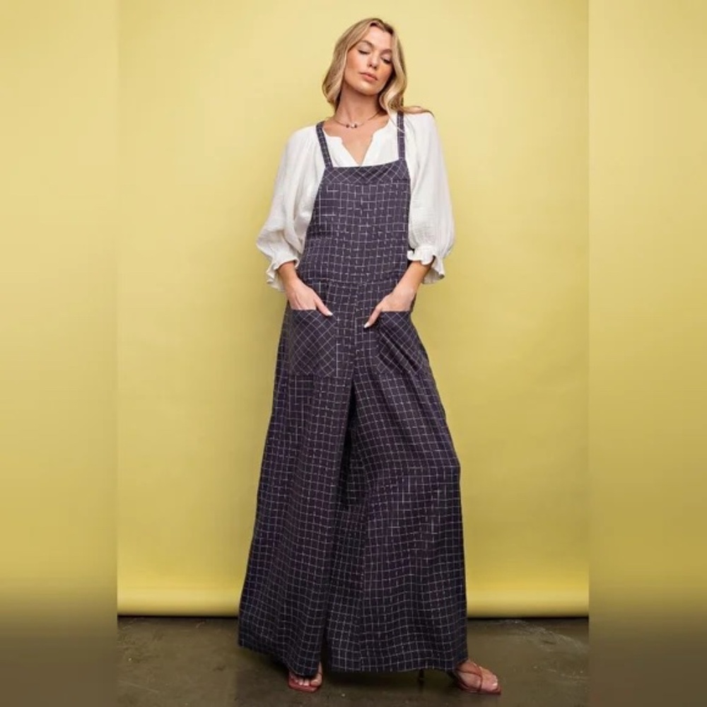 NEW EASEL WINDOWPANE CHECKBOARD PRINT SOFT WASHED TWILL JUMPSUIT PLUS SIZE 1X